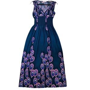 Peacock Feather Print Sleeveless Maxi Dress Boho Chic Fashion Fairycore Feminine